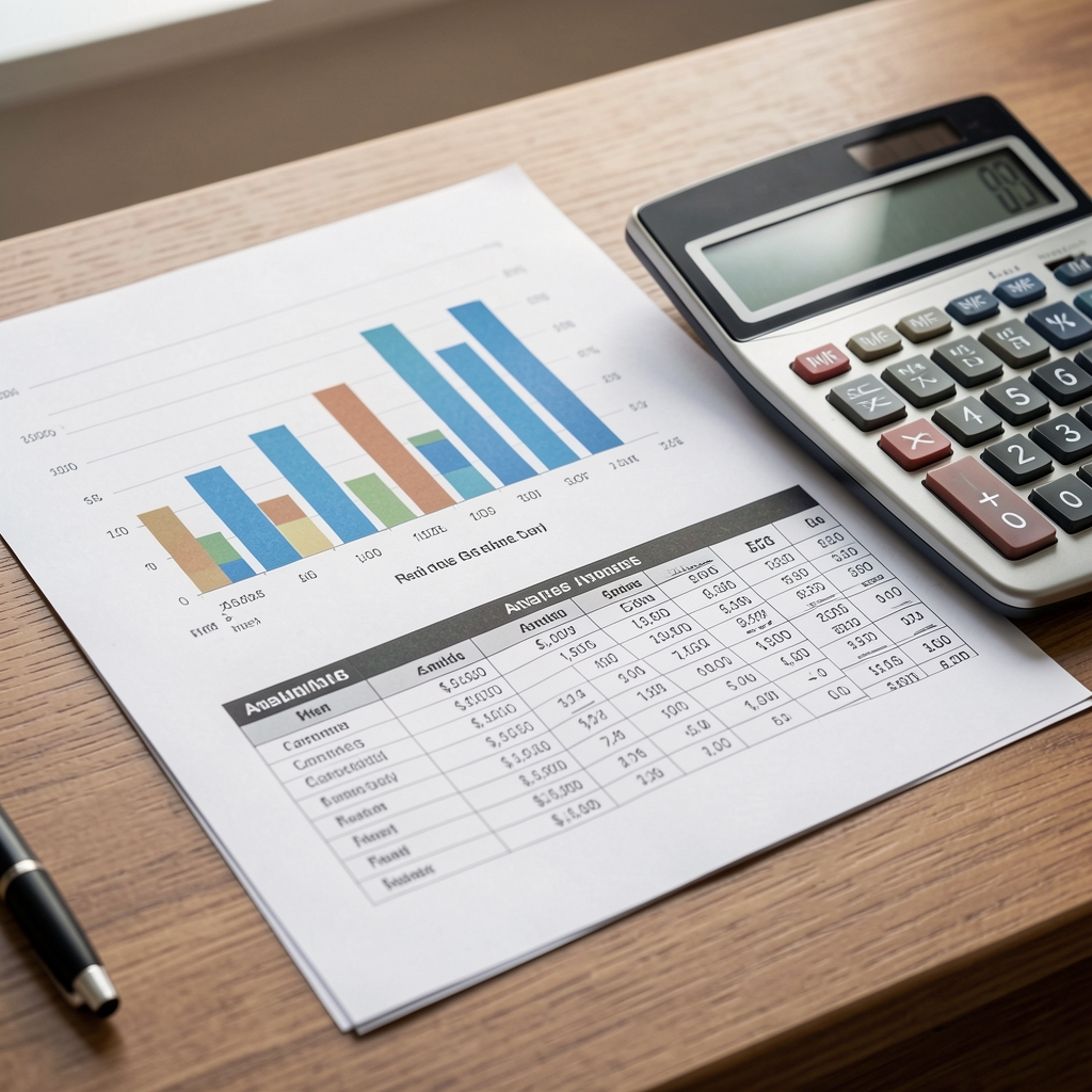 Primer plano de gráficos de barras y tablas de análisis financiero impresos sobre un escritorio junto a una calculadora