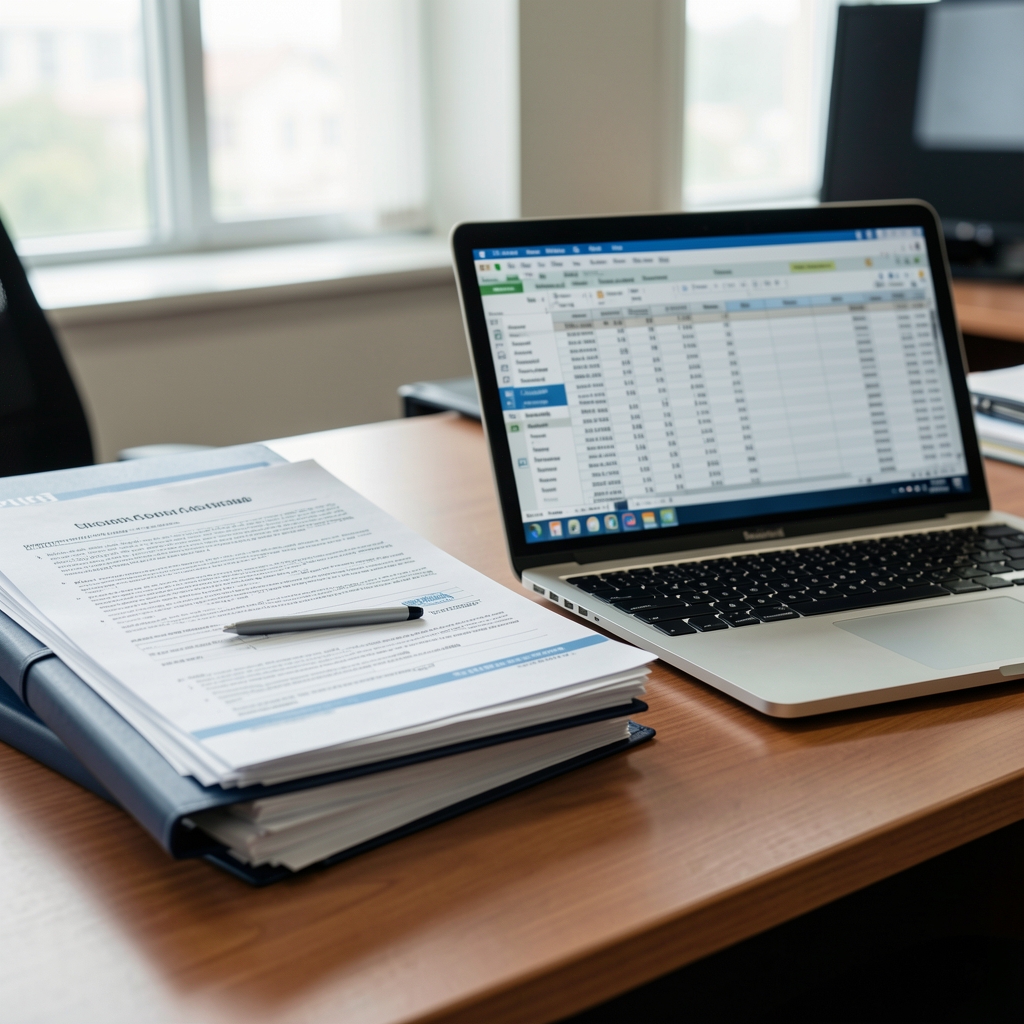 Carpetas y documentos normativos apilados sobre un escritorio de oficina junto a una laptop abierta con planillas contables