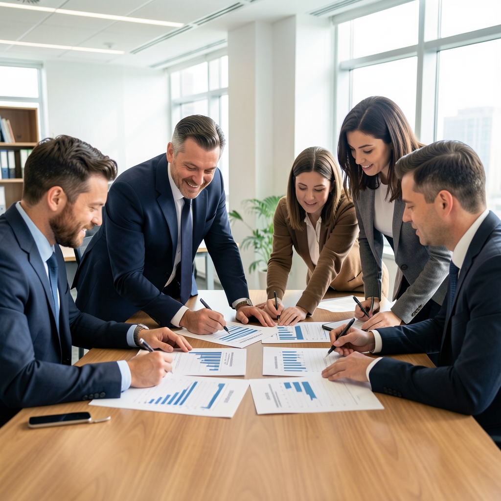 Equipo de profesionales reunidos alrededor de una mesa revisando informes financieros impresos en una oficina luminosa