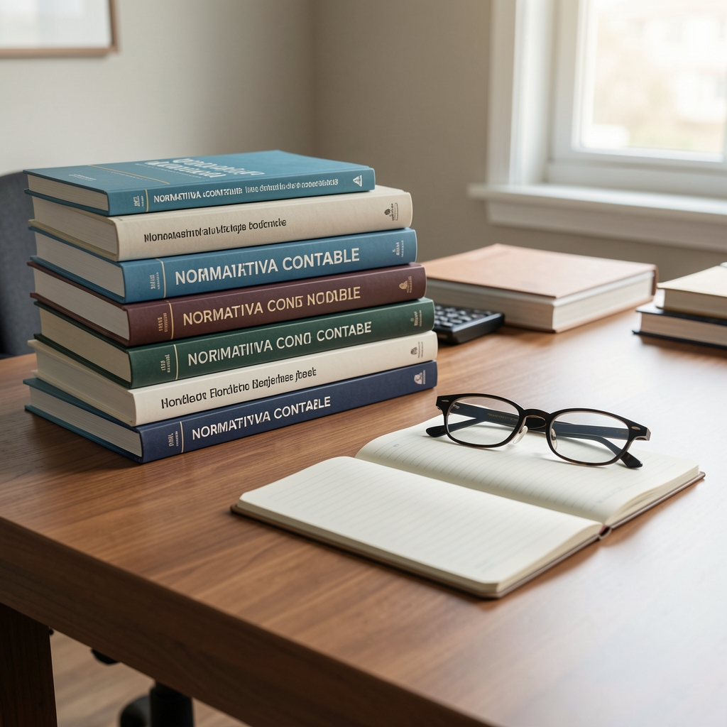 Escritorio de estudio con libros de normativa contable apilados, una libreta de notas y anteojos de lectura