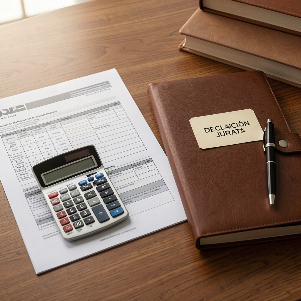 Formularios impositivos impresos y una calculadora sobre un escritorio, junto a una carpeta etiquetada declaración jurada