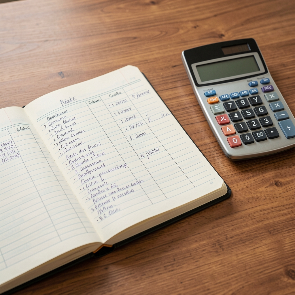 Cuaderno contable abierto con asientos manuscritos en columnas de débito y crédito junto a una calculadora sobre un escritorio de madera