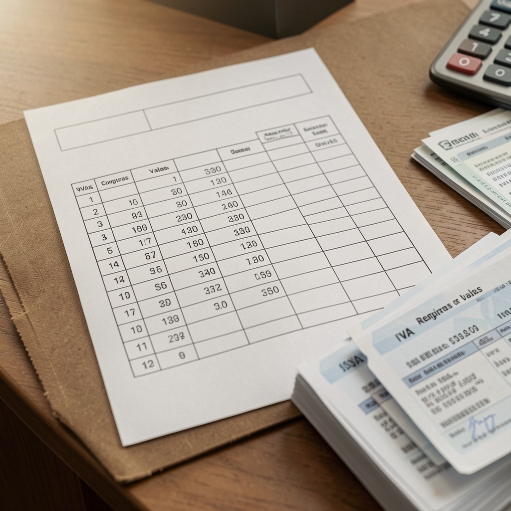 Planilla impresa de registro de IVA compras y ventas con columnas numeradas sobre un escritorio junto a facturas ordenadas